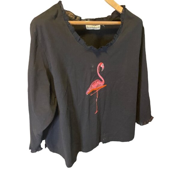 Seventh Ave Pink Flamingo Sparkle Decoration 3/4 Sleeve Black Pullover T Shirt - Picture 2 of 10